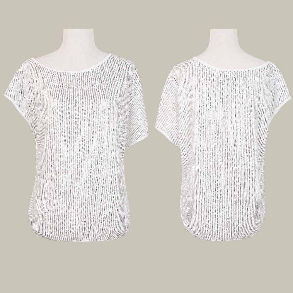 White Silver Sequin Boat Neck Short Sleeve Party Top Size Large Dance Club Event